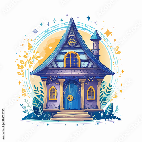 Charming Whimsical Purple Fantasy House Illustration with Celestial Sparkle and Golden Botanical Flourishes, a Magical Fairytale Dwelling