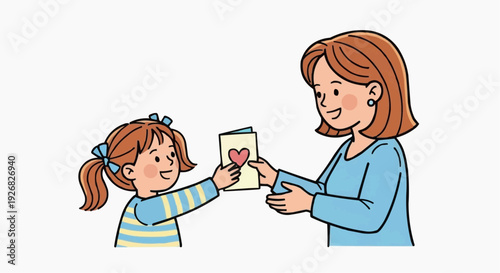 Vector illustration of a daughter handing a heart-shaped card to her mother