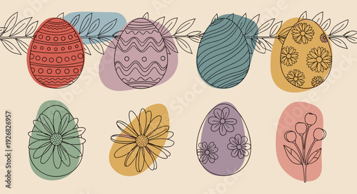 A collection of eight decorative Easter eggs with floral designs in minimalist outline vector style, perfect for spring holiday celebrations