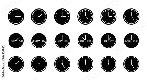 Collection of clock faces showing different times of the day, timekeeping and schedules