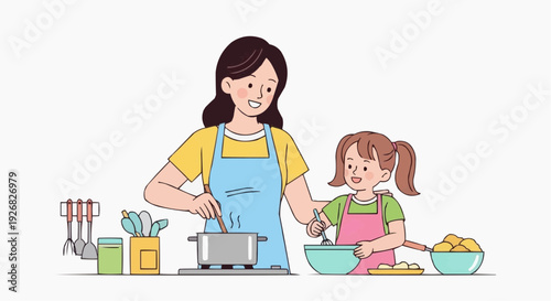 Vector illustration of a mother and daughter cooking together