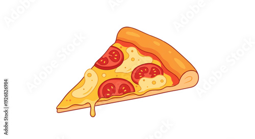 Delicious slice of pizza with melted cheese and tomato on a white background, appetizing food illustration