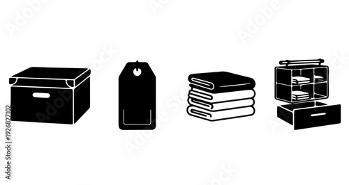 Storage boxes, price tag, folded towels, and drawer organizer icons for a minimalist design