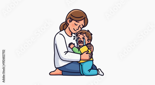Mother comforting crying child in a tender embrace