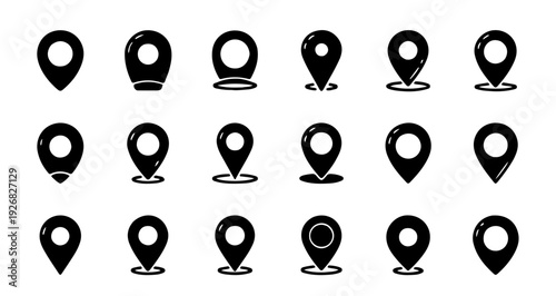 Modern minimalist black location map pin icons vector set for navigation and destination markers in UI/UX design