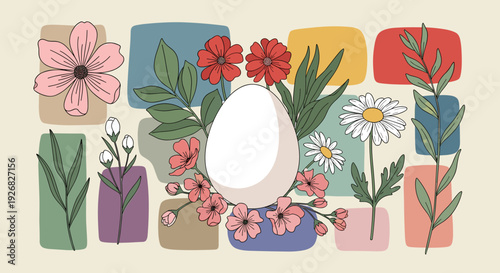 A decorative egg surrounded by an array of colorful flowers and leaves in a modern vector style, perfect for spring-themed designs