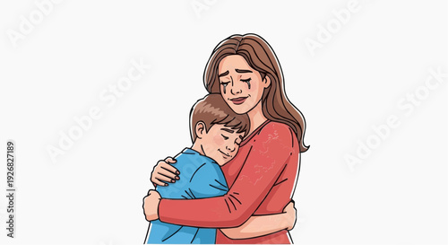 Emotional illustration of a family with a mother crying and hugging her son