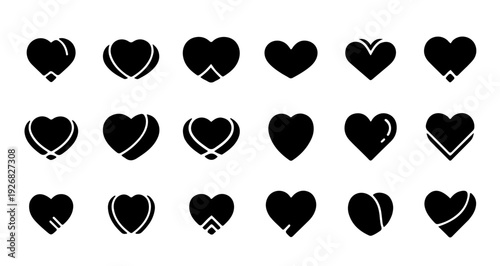 Collection of diverse black heart icons in various stylized designs, representing love and romance
