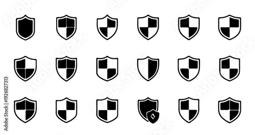 Collection of Black and White Shield Icons Representing Security and Protection