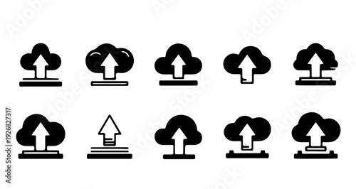 Versatile collection of monochrome cloud computing icons representing data transfer and online storage solutions