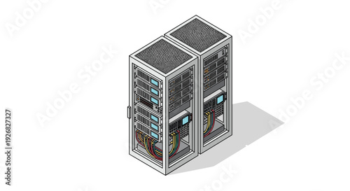 Server Cabinet with Multiple Network Devices Inside.