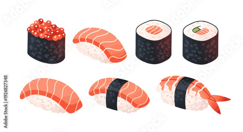 Exquisite Assortment of Freshly Prepared Japanese Sushi Rolls with Salmon, Shrimp, and Roe