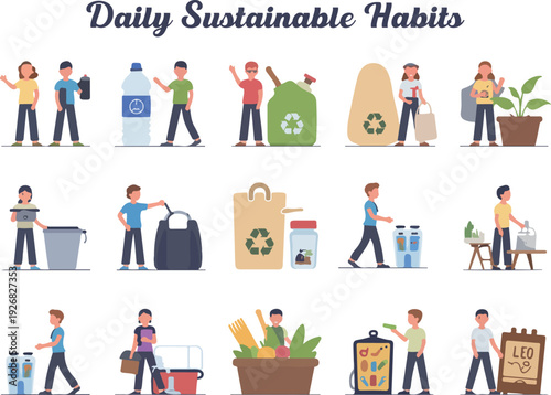 Diverse people engaged in daily sustainable habits and eco friendly activities vector
