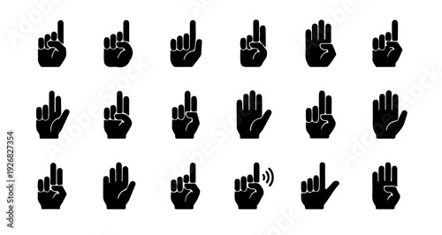 Varied Hand Gestures Icon Set Black Silhouettes Illustrating Finger Positions for Counting and Signaling