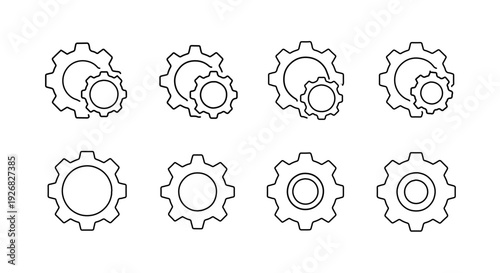 Set of various gears icons in outline style isolated on white background