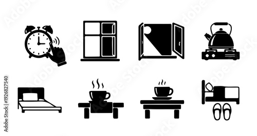 Set of simple icons depicting morning routine, wake up, coffee, bedroom, and kitchen elements