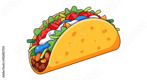 A delectable and colorful cartoon taco illustration, bursting with fresh ingredients, representing a popular Mexican dish