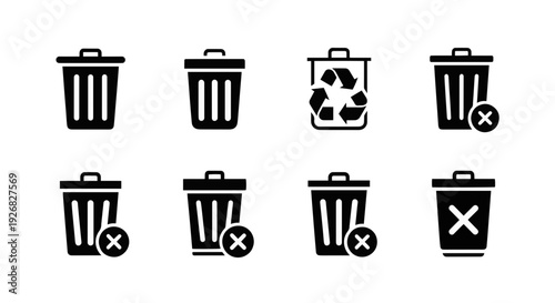 Set of various trash can icons with different symbols and variations for waste disposal and recycling