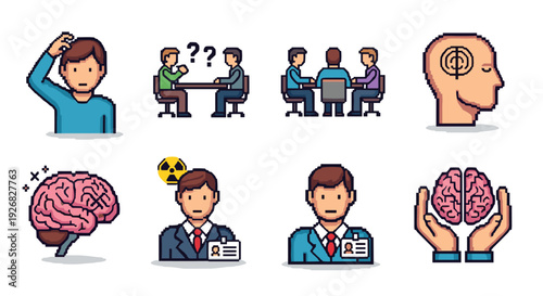 A set of mental health and psychology icons featuring brain imagery, professionals discussing, and consultation scenes in colorful vector style, suitable for educational and healthcare materials