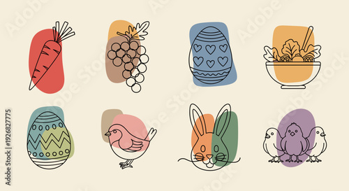 A collection of spring-themed icons featuring a carrot, grapes, a bowl, an egg, a rabbit, and birds in minimalist vector outline style, ideal for seasonal designs and celebrations