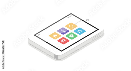 White Digital Tablet with Colorful Icons Display.