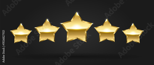 Five golden stars on dark background, Top quality concept, Rating golden stars gradient icon vector illustration.