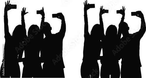 Friends taking selfie silhouette illustration, group of people raising smartphones together isolated on white background social media lifestyle concept