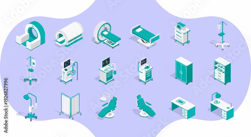 Collection of Medical Equipment and Hospital Furniture Icons.