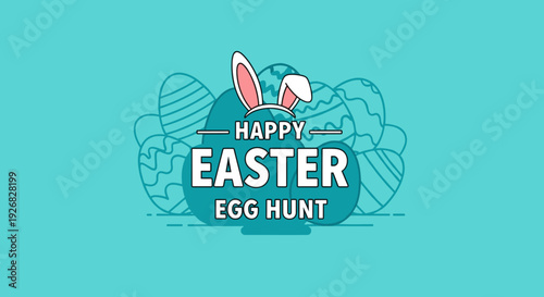 A colorful Easter egg hunt graphic featuring a cute bunny and decorated eggs in a flat design style, perfect for festive invitations and celebrations