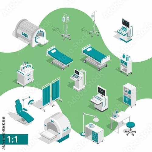 Medical equipment and hospital facilities illustration.