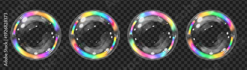 Soap bubble set color spectrum on transparent background. Realistic air bubble 3D graphics glare and transparency effect. Vector illustration.