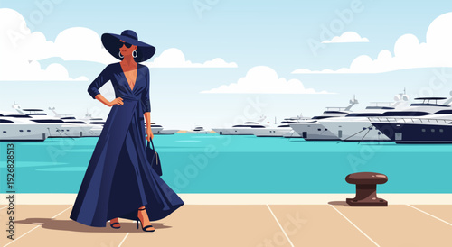 Elegant vector illustration of a fashionable woman in a blue dress and hat posing by a yacht harbor