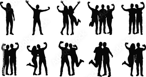 Happy people silhouettes celebrating success, victory and friendship, joyful poses showing teamwork, achievement and positive emotions isolated on white background