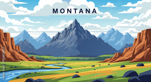 Montana landscape vector illustration with mountains, river, and clouds in a scenic view
