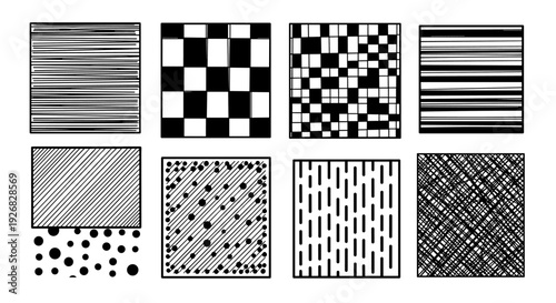 A collection of black and white geometric patterns including stripes, checkers, dots, and abstract designs in vector style, suitable for various creative projects