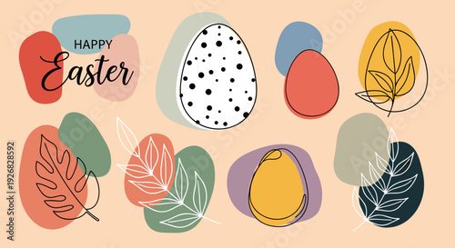 A colorful Easter illustration featuring decorated eggs and leaves in a modern minimalist vector style, perfect for greeting cards and festive designs