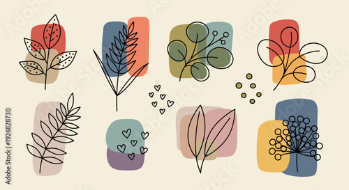 A collection of hand-drawn botanical illustrations featuring leaves and flowers in a colorful modern abstract style, ideal for home decor and branding