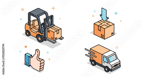 A collection of logistics and delivery icons including a forklift, package drop, thumbs up symbol, and delivery truck in flat modern vector style, suitable for transport and shipping projects