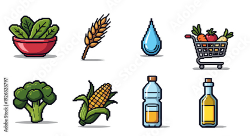 A collection of fresh vegetables and grocery items in colorful flat vector style, ideal for health and nutrition projects