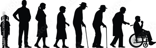 Human life stages silhouette sequence isolated on white background aging growth childhood adulthood senior disability illustration concept