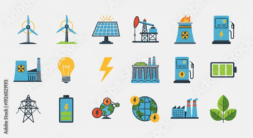 Collection of various energy sources and power generation icons for design.