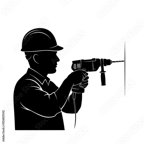 Worker in hard hat drilling into wall with power drill construction site industrial work