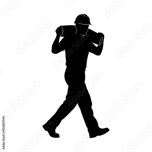 Man in hard hat carrying heavy load on shoulder walking silhouette isolated on white background industrial labor work construction
