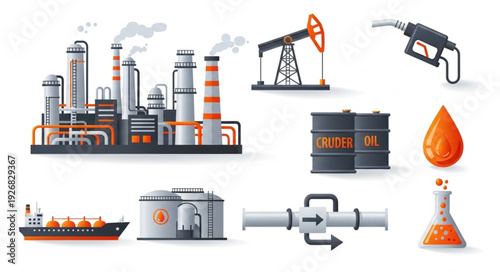 Oil and gas industry illustration showing various aspects of the process.