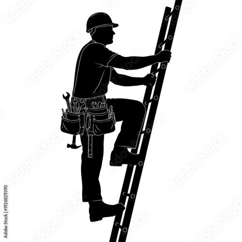 Male construction worker climbing ladder with tool belt on white background silhouette style
