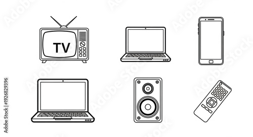 Collection of electronic devices including television, laptop, smartphone, speaker, and remote control.