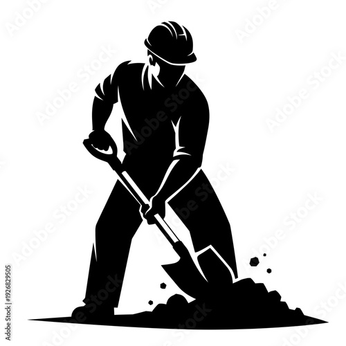 Man in hard hat digging with shovel black silhouette on white background construction worker