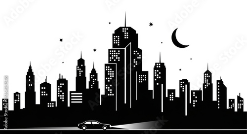Cityscape Silhouette - A Nighttime Urban Scene with Car Lights and Moon.