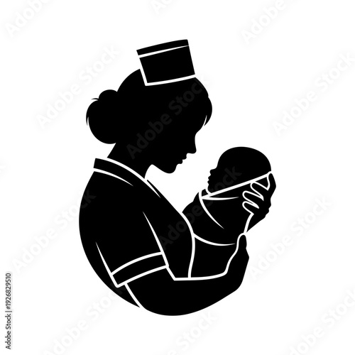 Nurse holding newborn baby in arms caring and loving healthcare and medical concept black silhouette