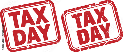 Tax Day grunge stamp vector set. Includes two red rectangular stamps with "TAX DAY" text. Created in distressed rubber stamp style with a red and white color palette.